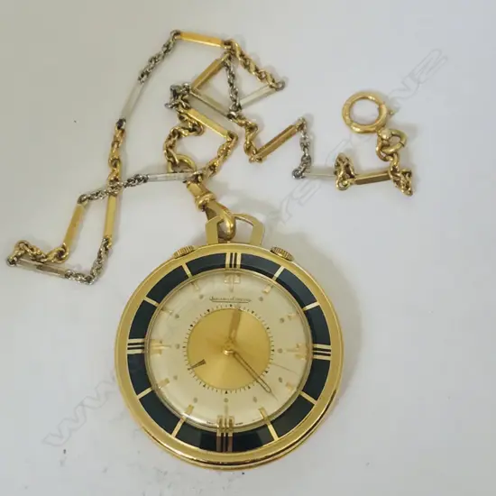 A Jaeger leCoultre 'Memovox' gold plated pocket travel watch, c.1956, with 18ct gold chain.
