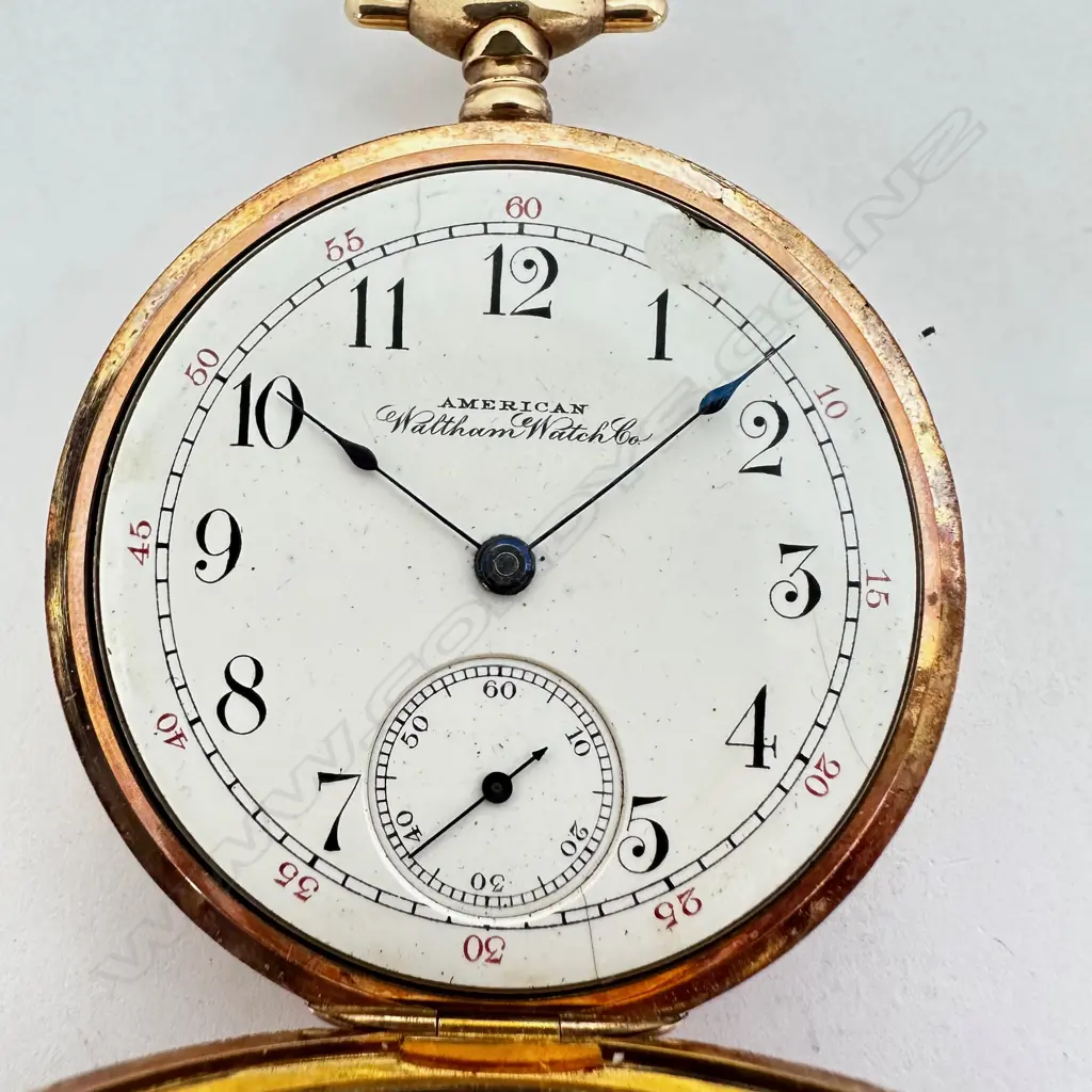 Rolled gold, open face pocket watch by the American Waltham Watch Co., Waltham, Mass. Image 1++