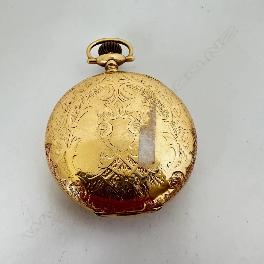 Rolled gold, open face pocket watch by the American Waltham Watch Co., Waltham, Mass. Image 1++