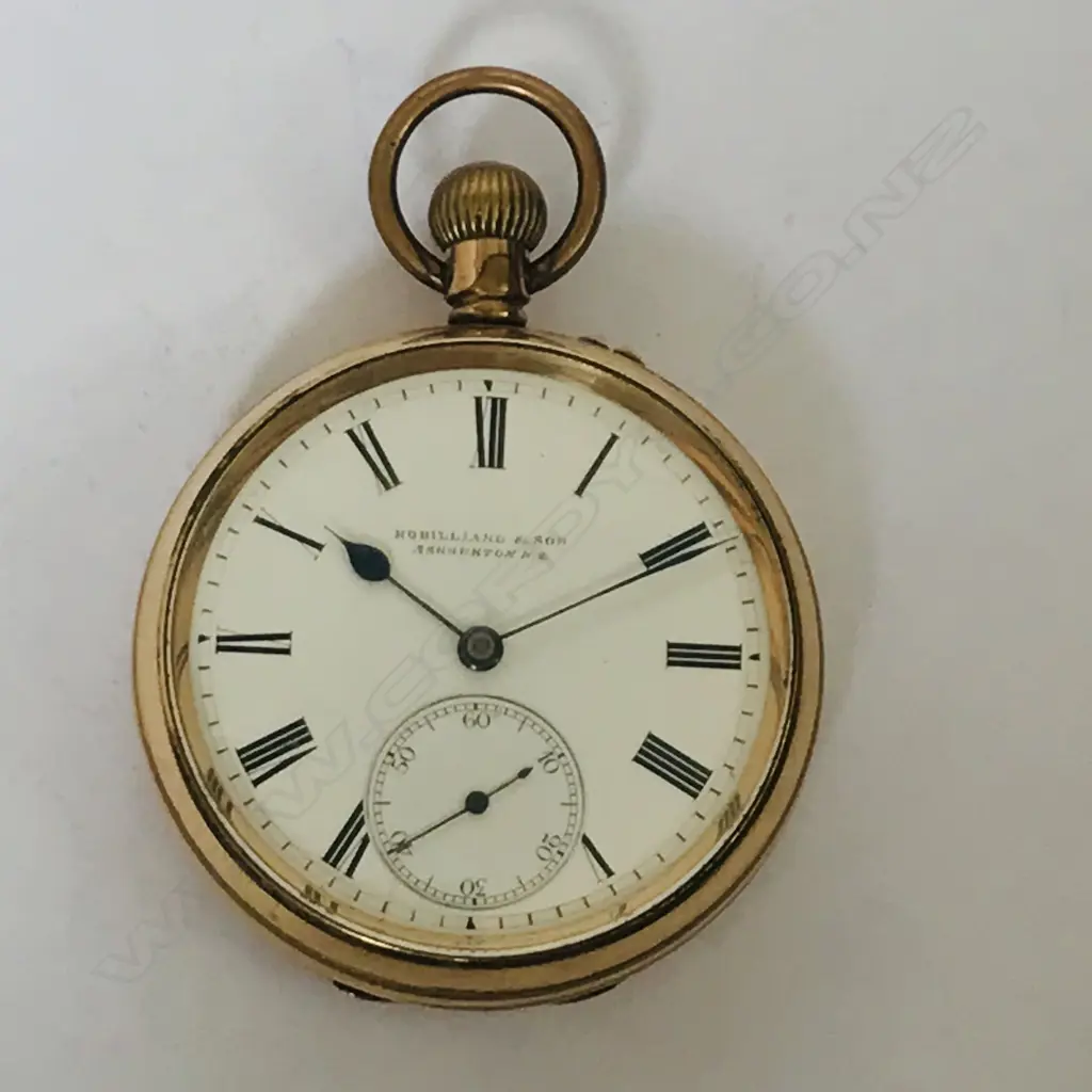 Rolled gold open face pocket watch, signed Robillard & Son, Ashburton NZ, supplied by Rotherhams. Image 1++