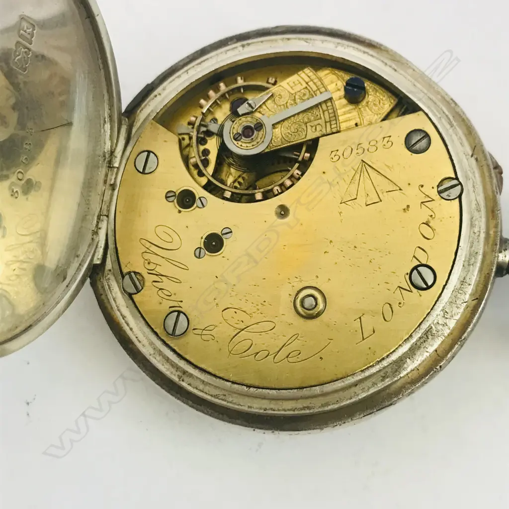Early 20thC silver open face pocket watch by Usher & Cole. London, number 30583, with military marked movement. Image 1++