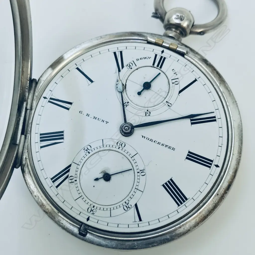 Victorian silver, open face pocket watch by G. H. Hunt, Worcester, number 49374, with power reserve dial, Image 1++