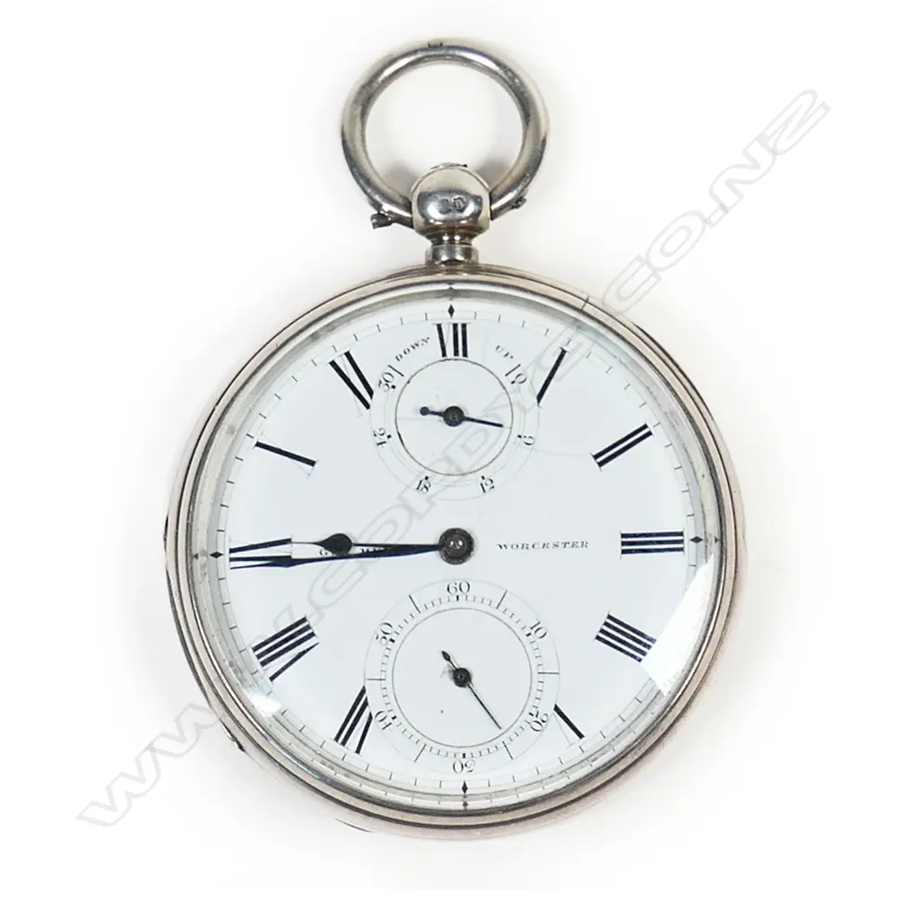 Victorian silver, open face pocket watch by G. H. Hunt, Worcester, number 49374, with power reserve dial, Image 1++