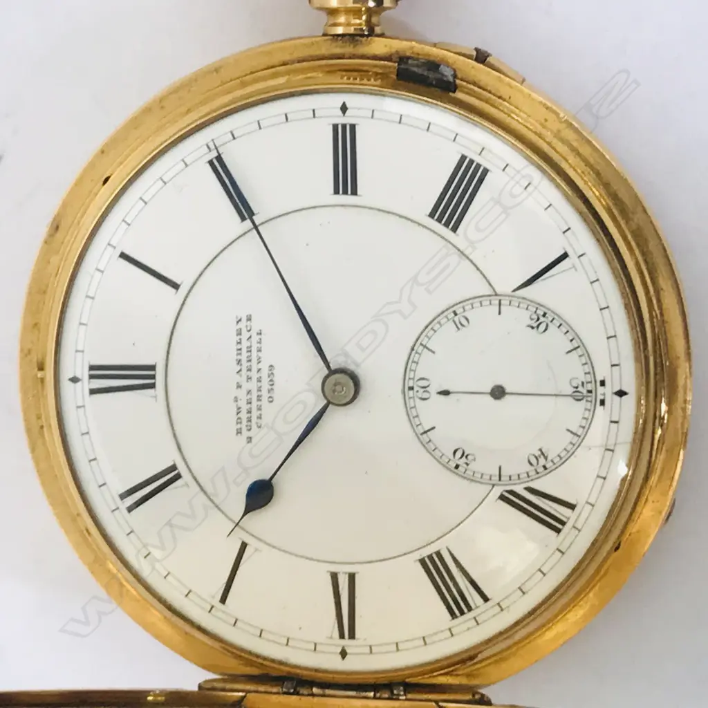 Victorian 18ct gold hunter pocket watch, by Edward F Ashley, 2 Green Terrace, Clerkenwell, number 05039, Image 1++