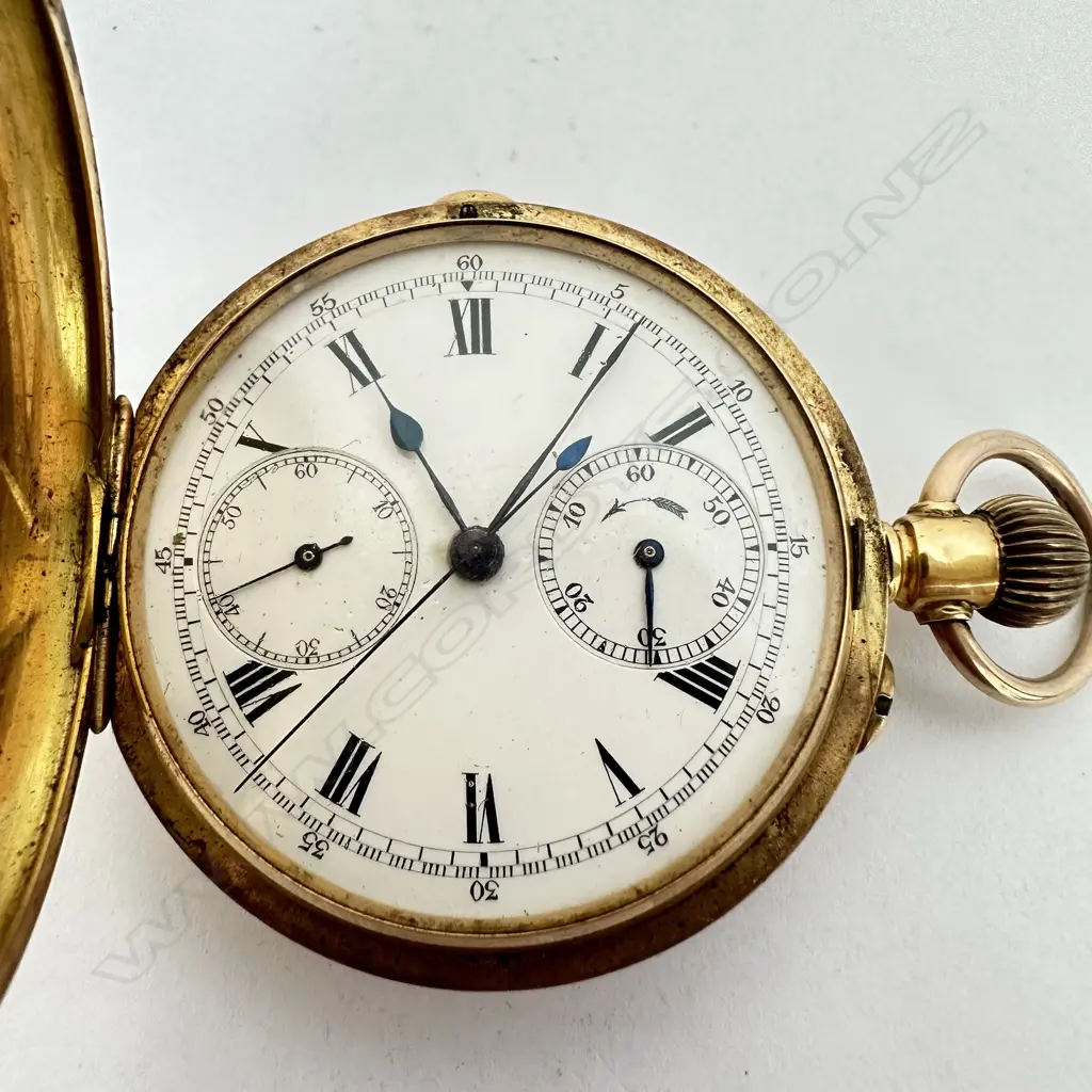 18ct gold hunter pocket watch, with Swiss chronograph movement Image 1++