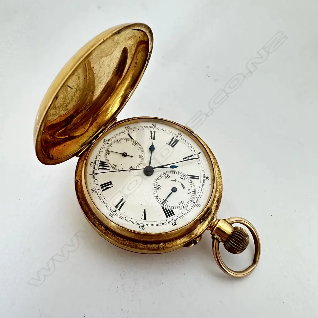 18ct gold hunter pocket watch, with Swiss chronograph movement Image 1++