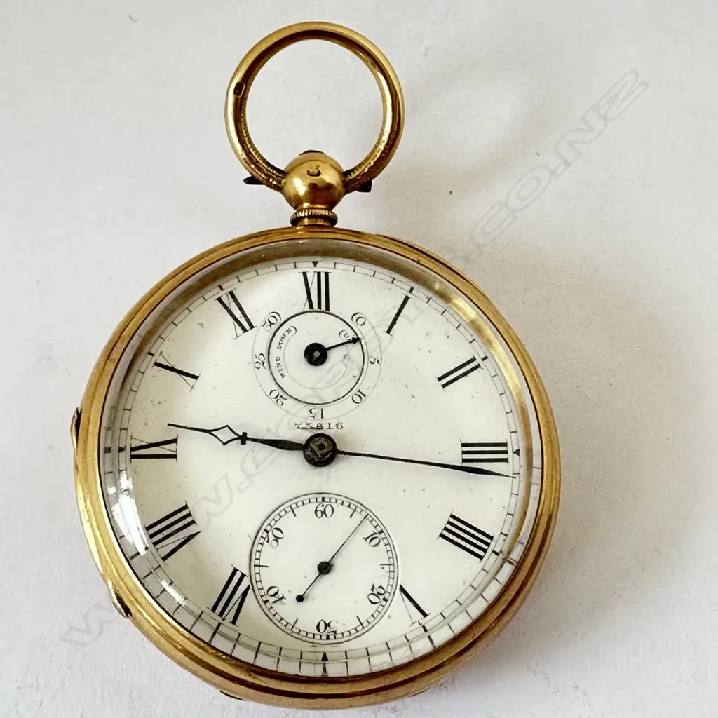 Victorian 18ct gold open face pocket watch with power reserve dial, number 73816 Image 1++