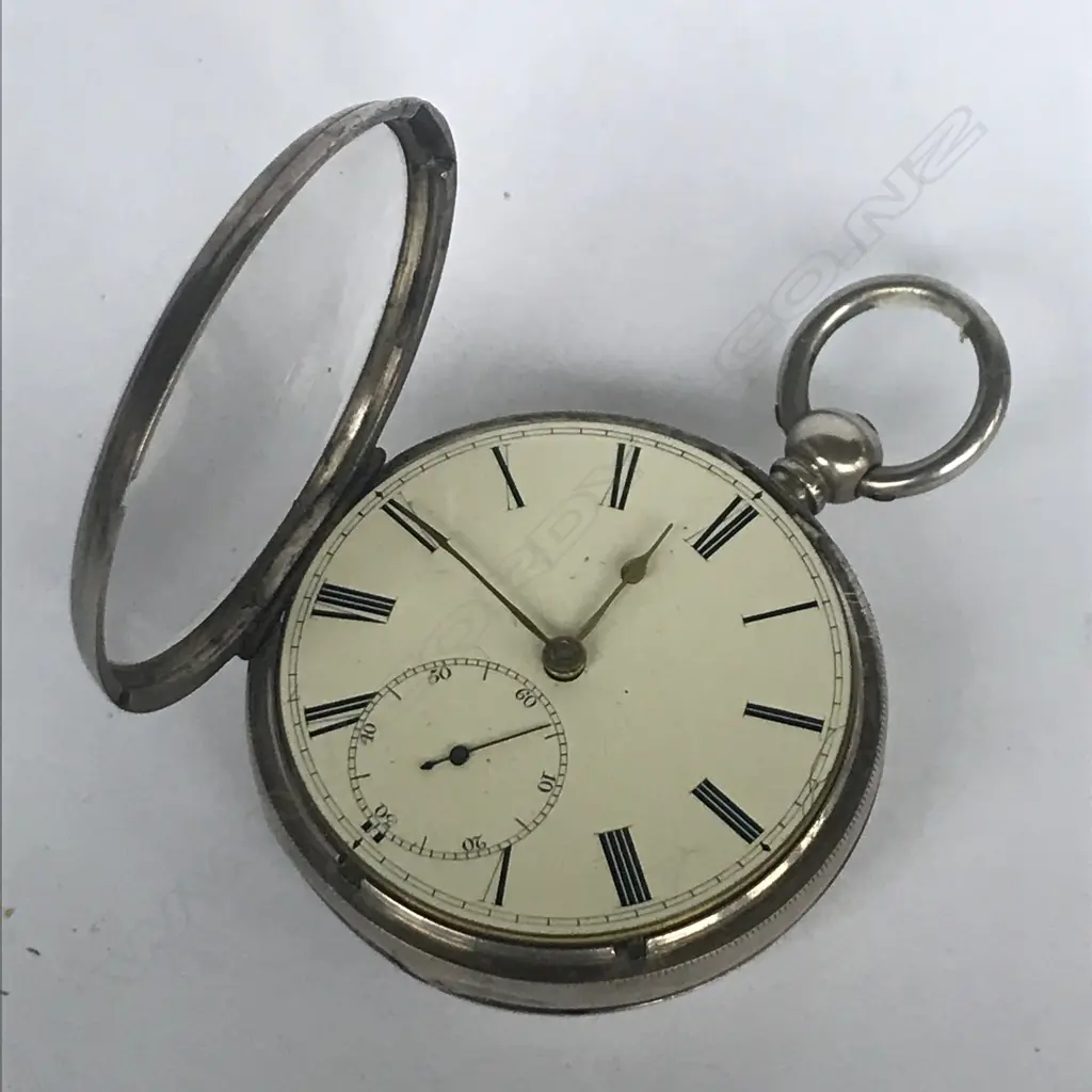 Silver open face, English cylinder, pocket watch by J. T. Ratcliffe, London, number 8709, Image 1++