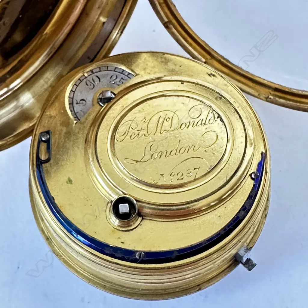 18ct gold open face, English cylinder, pocket watch by Peter McDonald, London, number 287, Image 1++