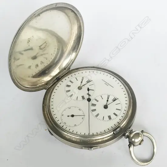 Swiss, hunter pocket watch with dual train, triple dials, jump centre seconds by Auguste Hugenin, Locle,