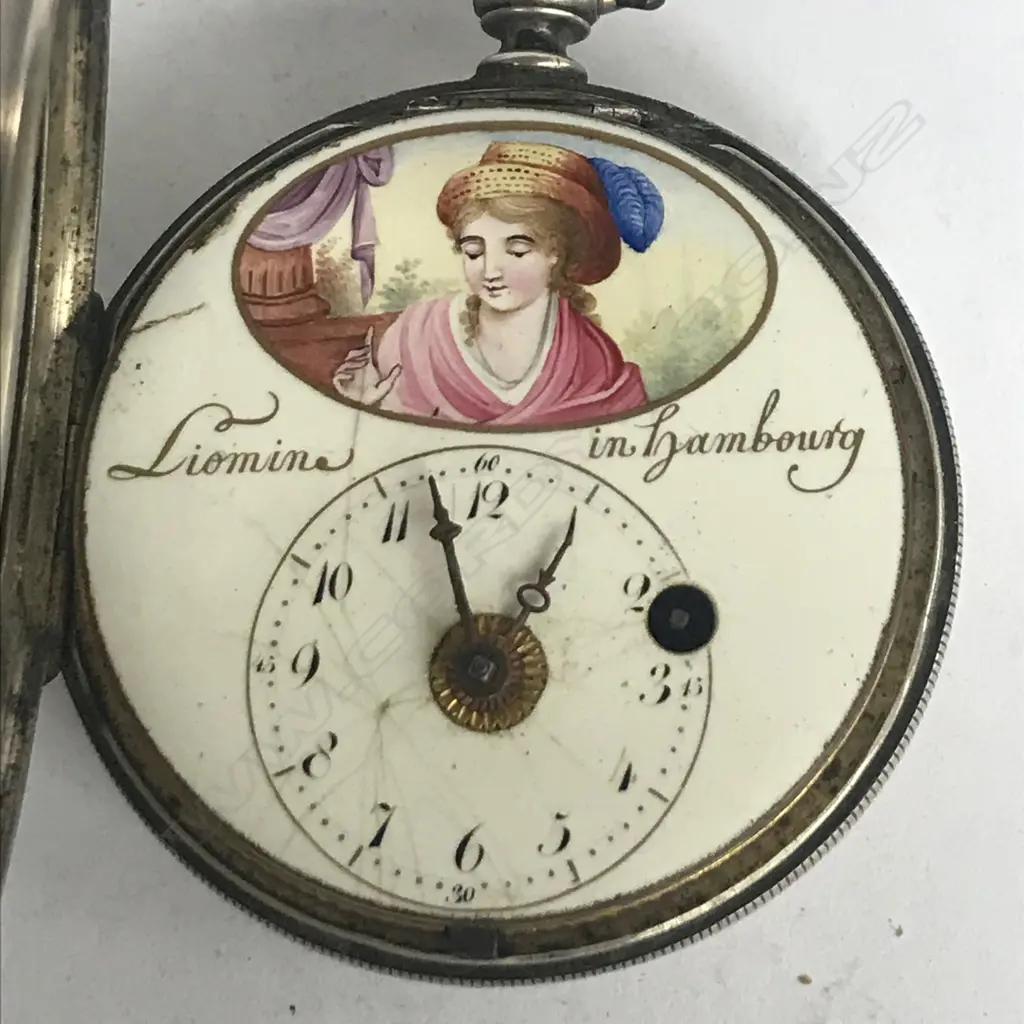 French silver consular cased pocket watch signed Liomin in Hambourg, with German verge movement. Image 1++