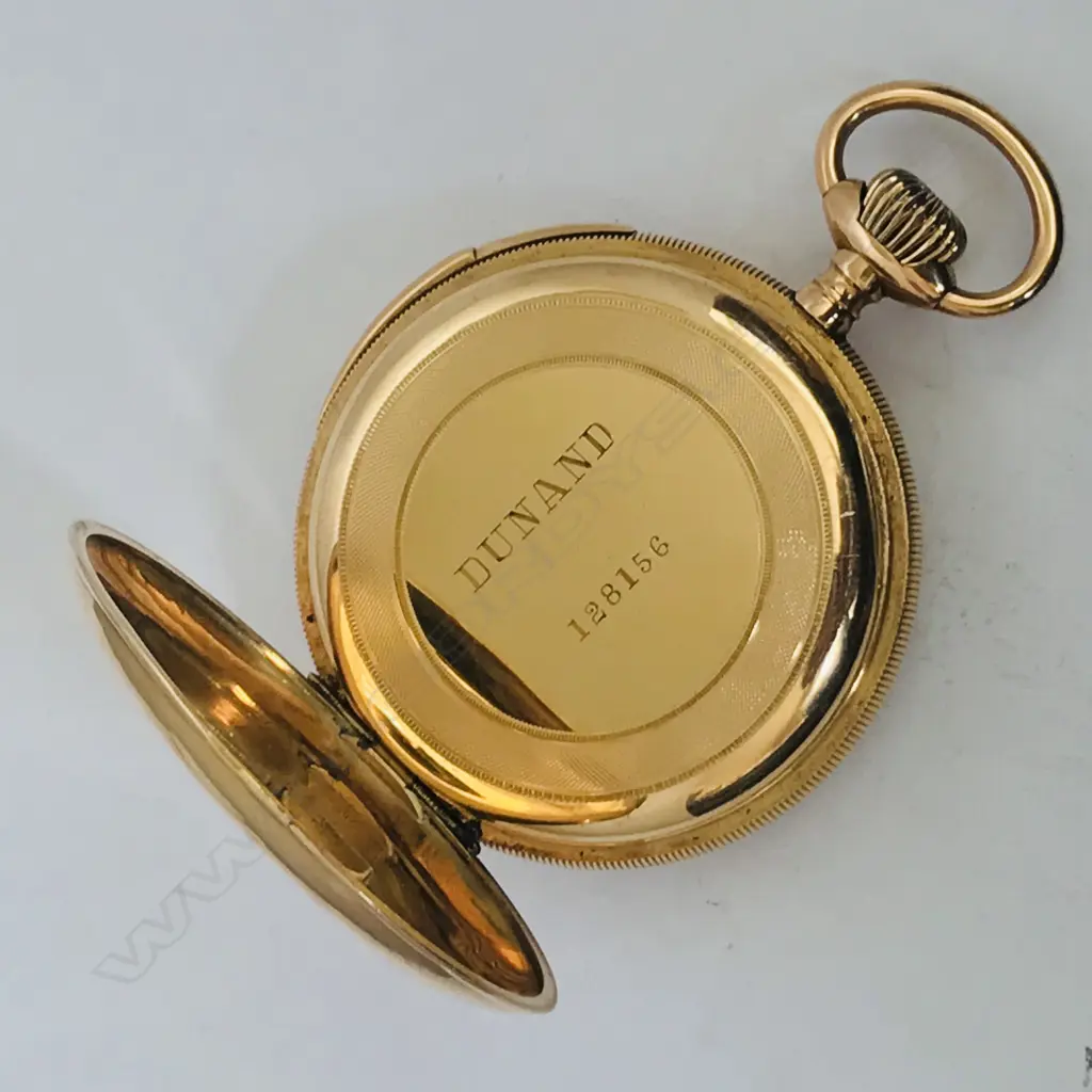14ct gold Swiss open face quarter repeater pocket watch, signed 'Dunand' Image 1++
