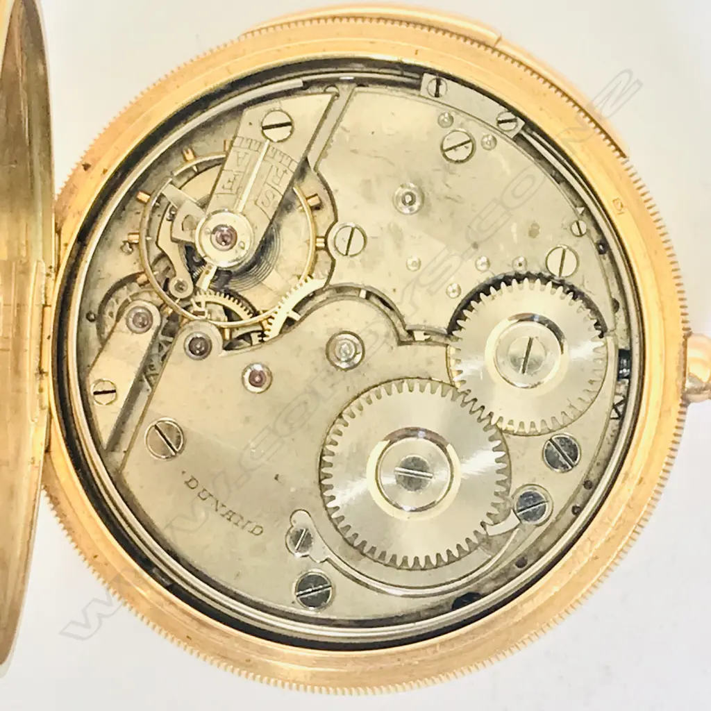 14ct gold Swiss open face quarter repeater pocket watch, signed 'Dunand' Image 1++