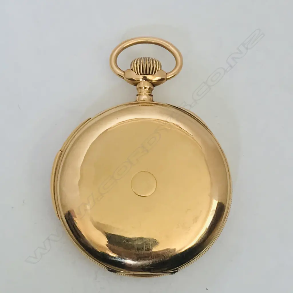 14ct gold Swiss open face quarter repeater pocket watch, signed 'Dunand' Image 1++