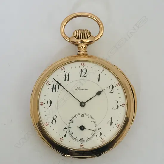 14ct gold Swiss open face quarter repeater pocket watch, signed 'Dunand'