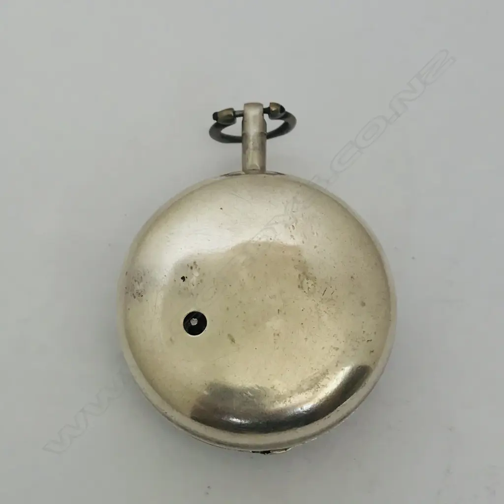 18thC silver pair case pocket watch, the dial with polychrome painted rustic scene to the centre. Image 1++