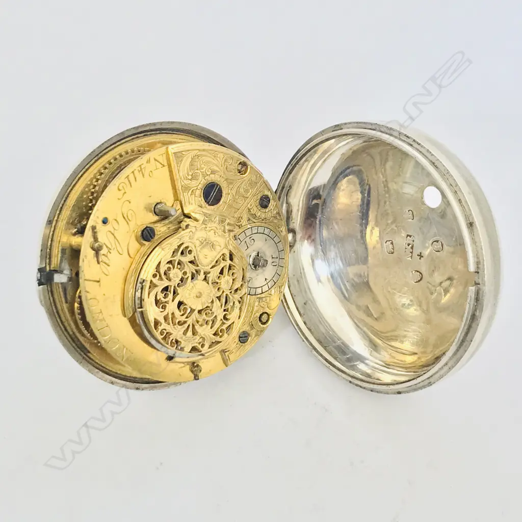 18thC silver pair case pocket watch, the dial with polychrome painted rustic scene to the centre. Image 1++