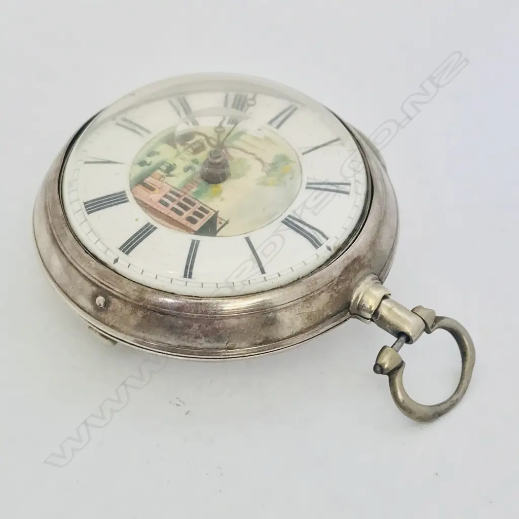 18thC silver pair case pocket watch, the dial with polychrome painted rustic scene to the centre. Image 1++