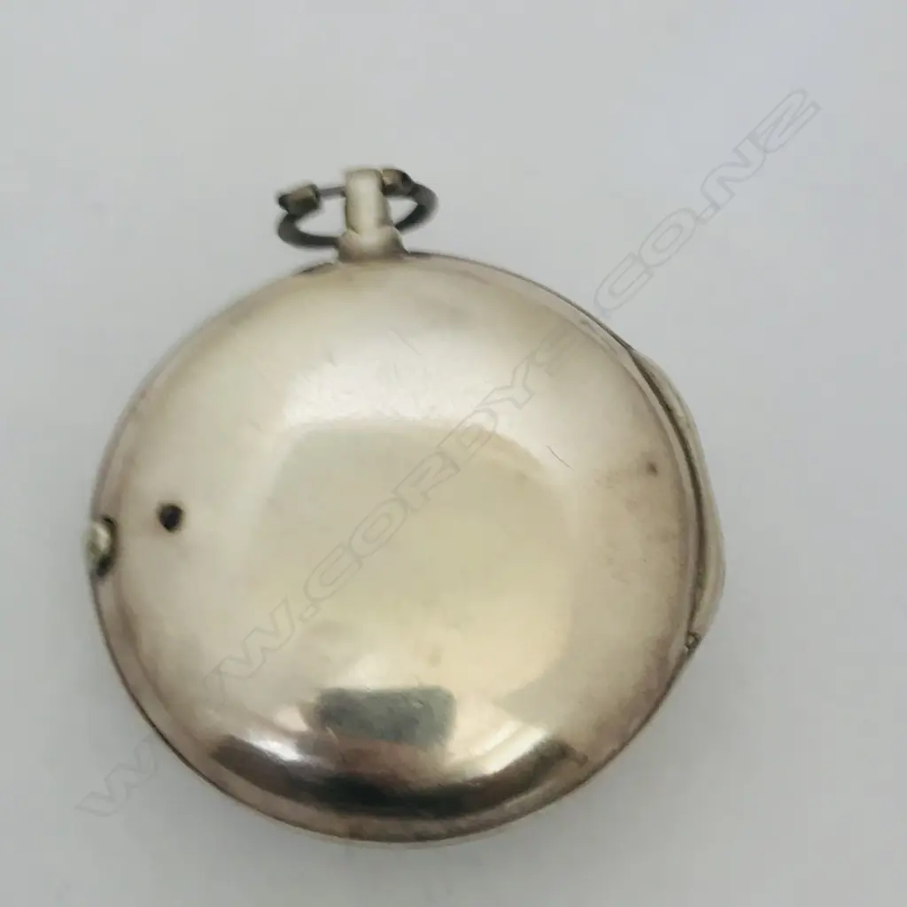 18thC silver pair case pocket watch, the dial with polychrome painted rustic scene to the centre. Image 1++