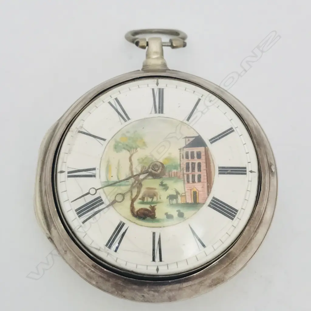 18thC silver pair case pocket watch, the dial with polychrome painted rustic scene to the centre. Image 1++