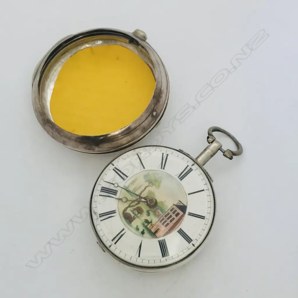 18thC silver pair case pocket watch, the dial with polychrome painted rustic scene to the centre. Image 1++