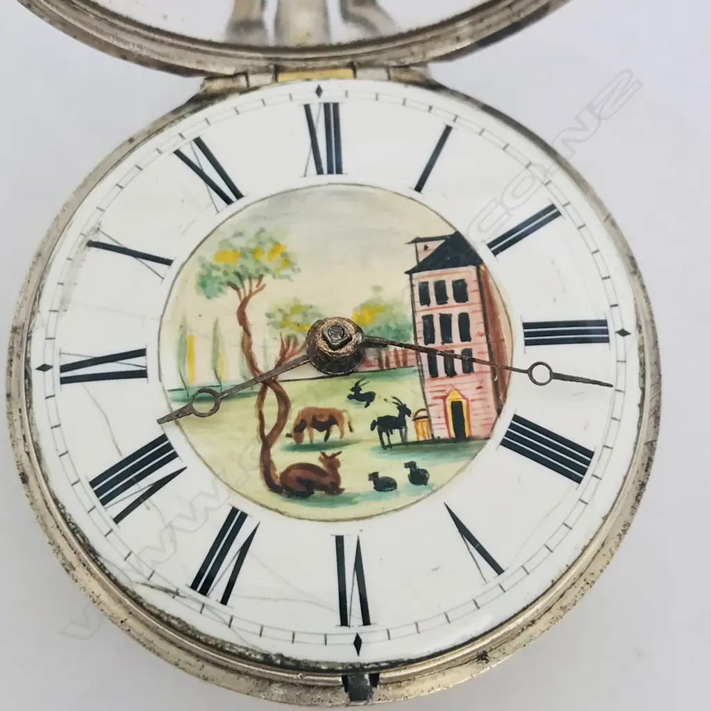18thC silver pair case pocket watch, the dial with polychrome painted rustic scene to the centre. Image 1++
