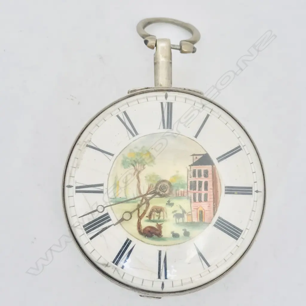 18thC silver pair case pocket watch, the dial with polychrome painted rustic scene to the centre. Image 1++