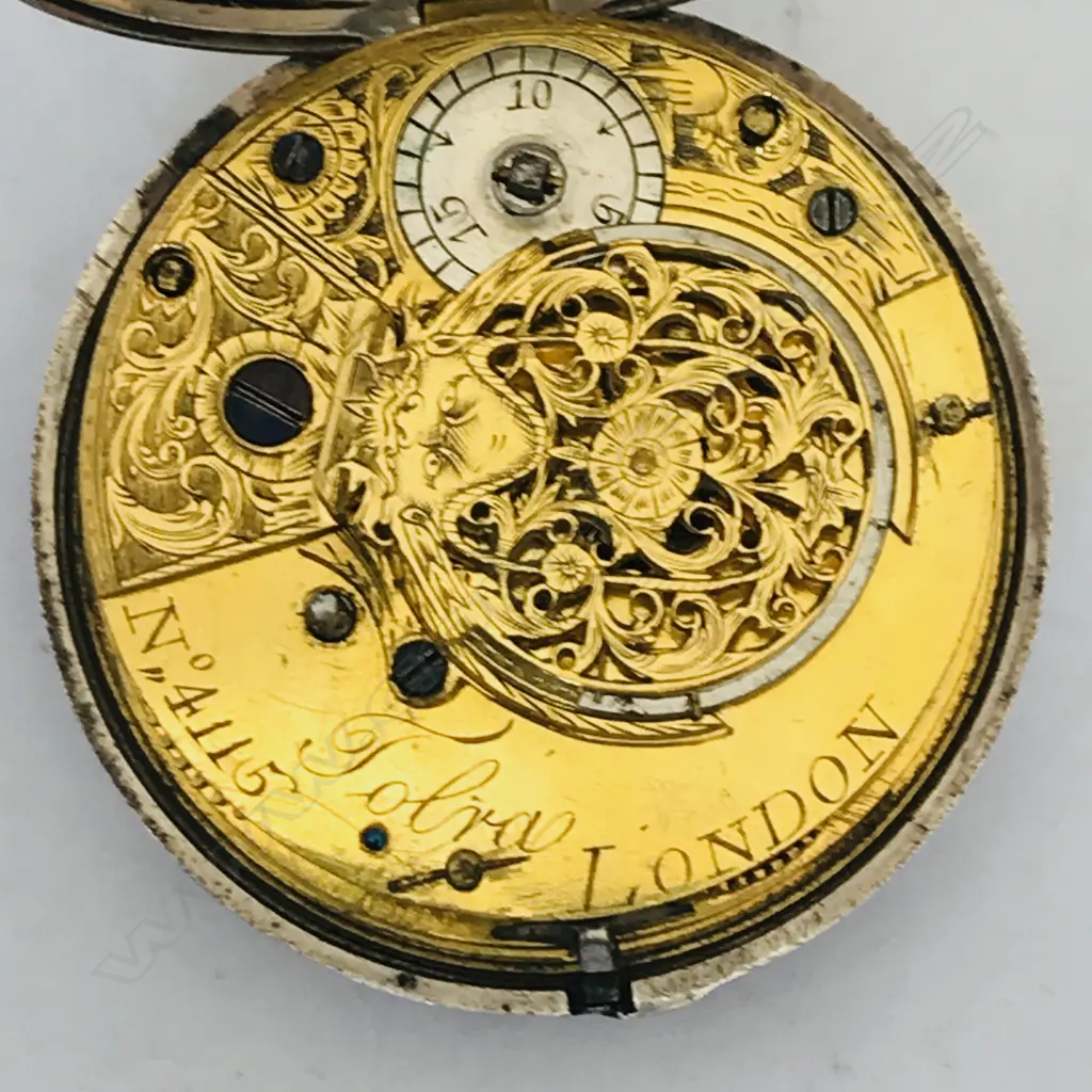 18thC silver pair case pocket watch, the dial with polychrome painted rustic scene to the centre. Image 1++