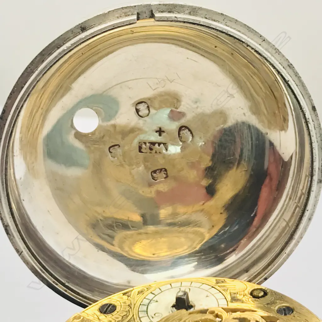 18thC silver pair case pocket watch, the dial with polychrome painted rustic scene to the centre. Image 1++