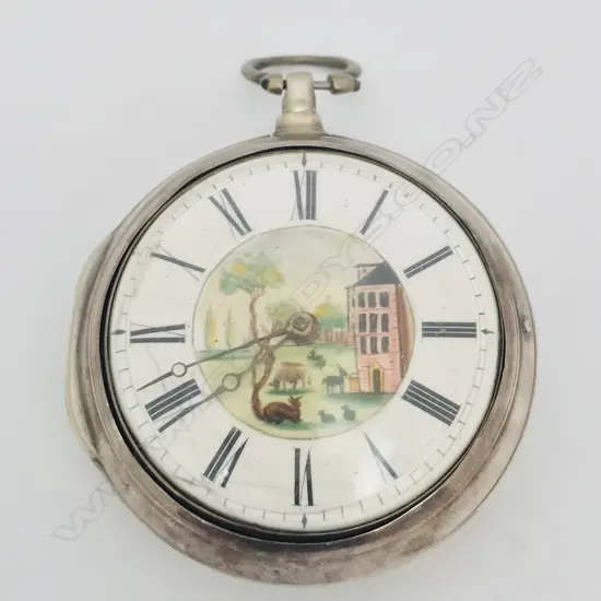 18thC silver pair case pocket watch, the dial with polychrome painted rustic scene to the centre.