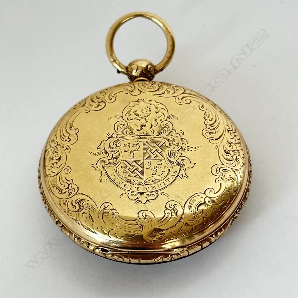 Armorial crested, 18ct gold, open face, transitional movement, pocket watch by Daniels Liverpool, number 6442 Image 1++