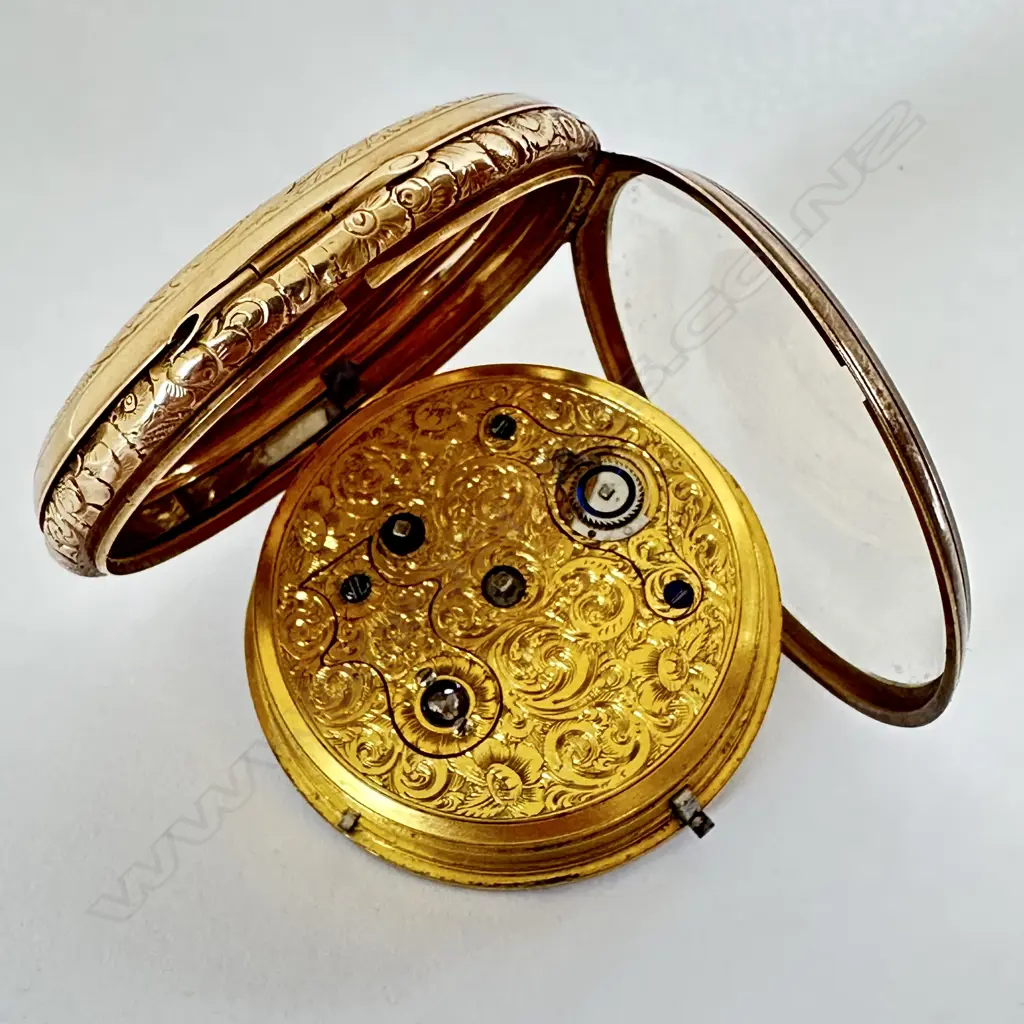 Armorial crested, 18ct gold, open face, transitional movement, pocket watch by Daniels Liverpool, number 6442 Image 1++