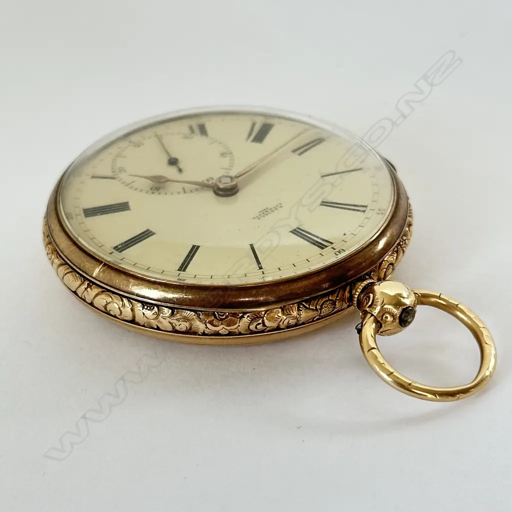 Armorial crested, 18ct gold, open face, transitional movement, pocket watch by Daniels Liverpool, number 6442 Image 1++