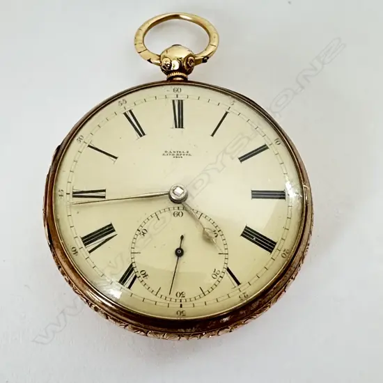 Armorial crested, 18ct gold, open face, transitional movement, pocket watch by Daniels Liverpool, number 6442