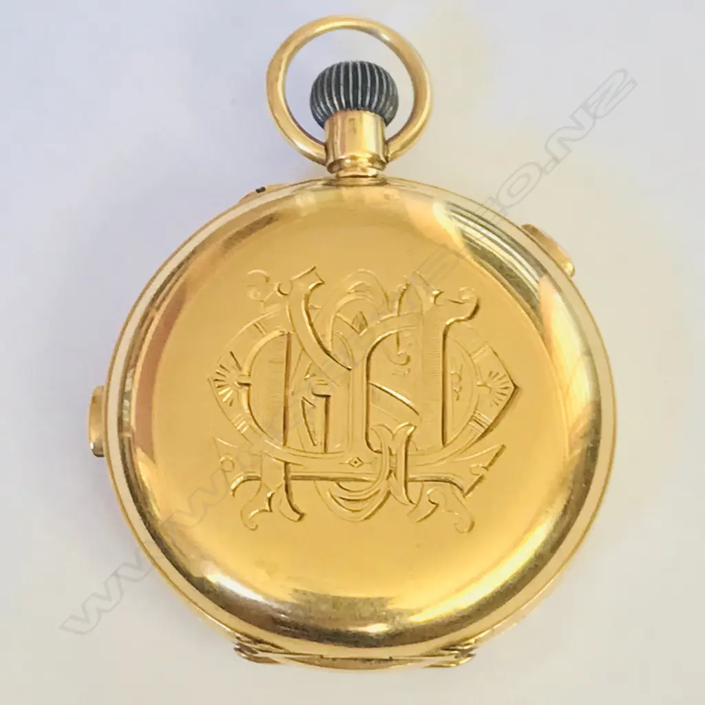 18ct gold hunter cased split seconds chronograph pocket watch, by Baume (Longines) Image 1++