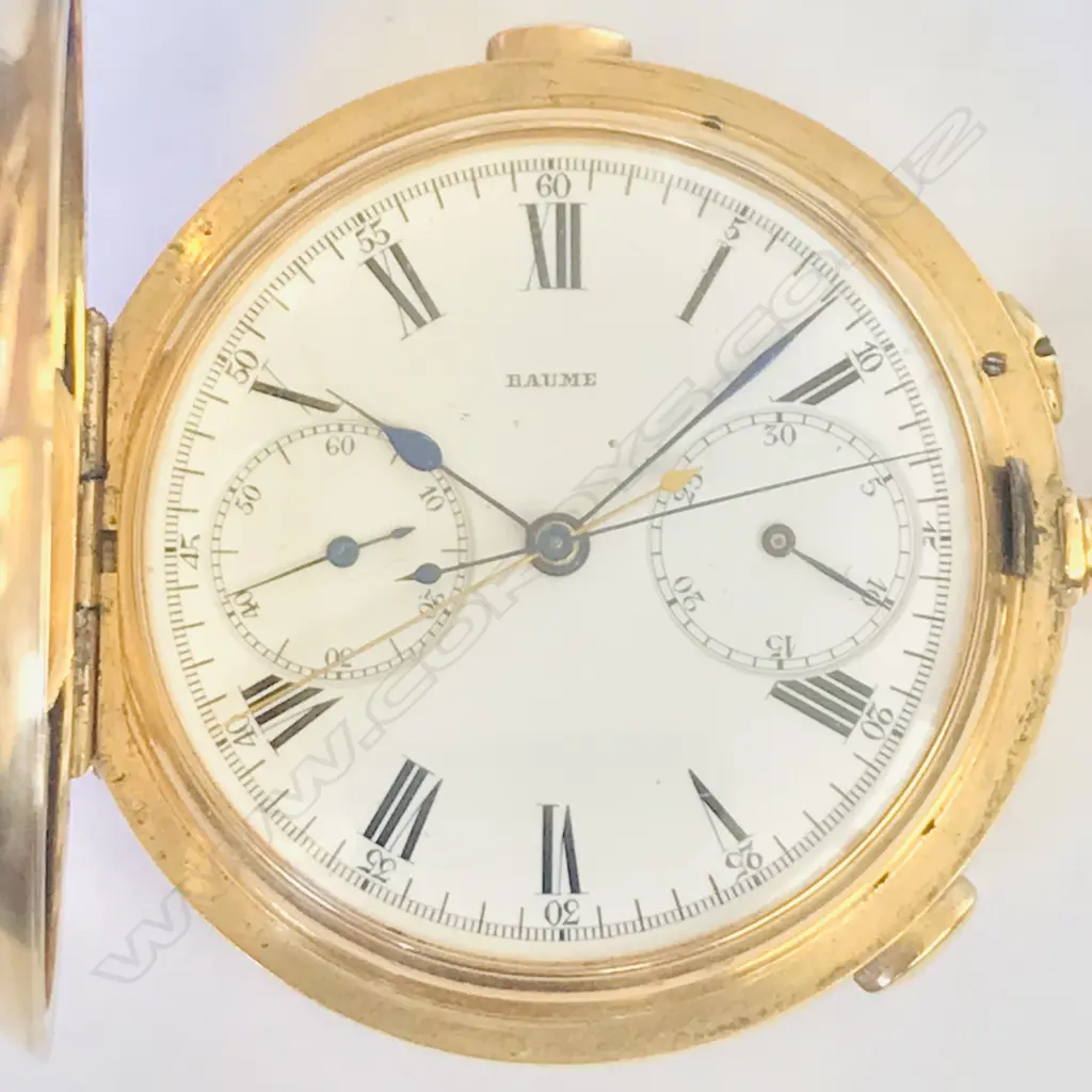18ct gold hunter cased split seconds chronograph pocket watch, by Baume (Longines) Image 1++