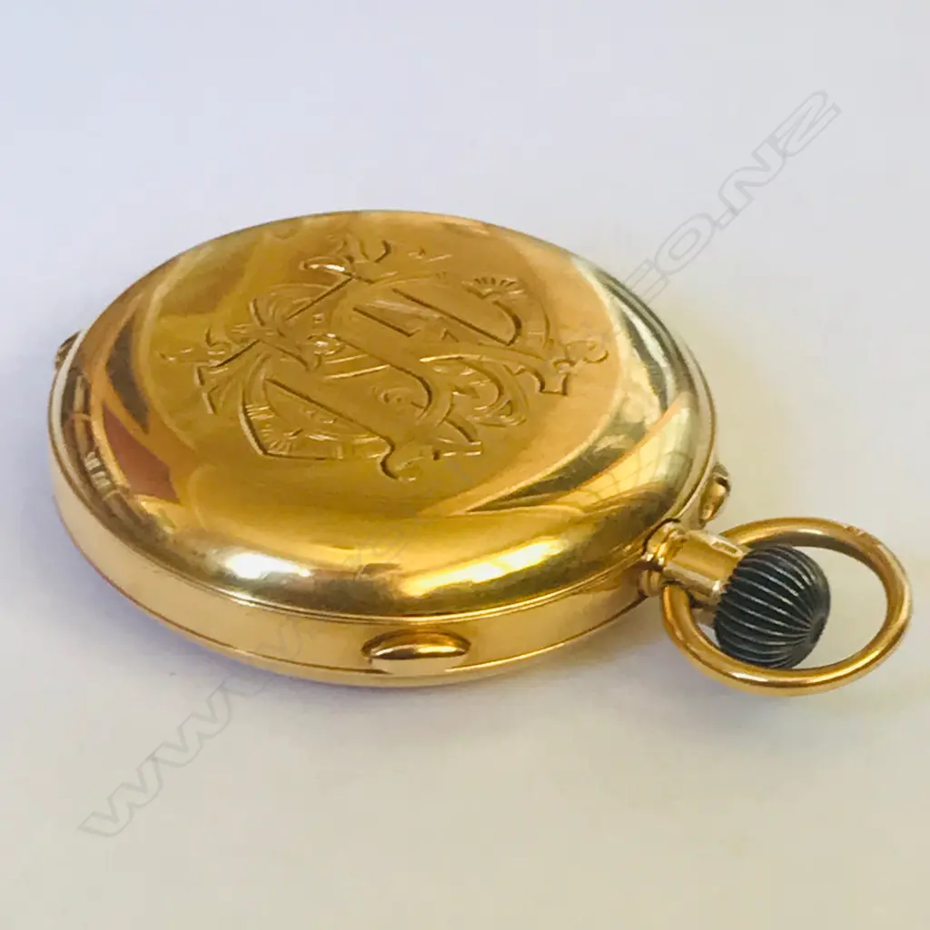 18ct gold hunter cased split seconds chronograph pocket watch, by Baume (Longines) Image 1++