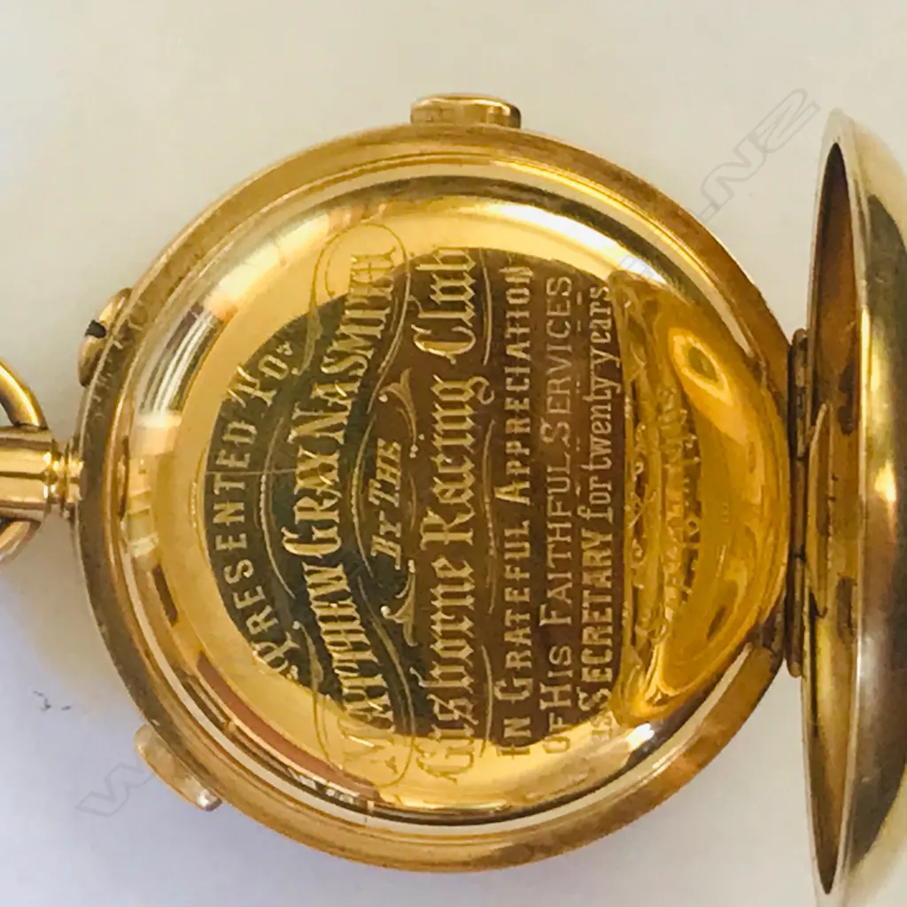 18ct gold hunter cased split seconds chronograph pocket watch, by Baume (Longines) Image 1++