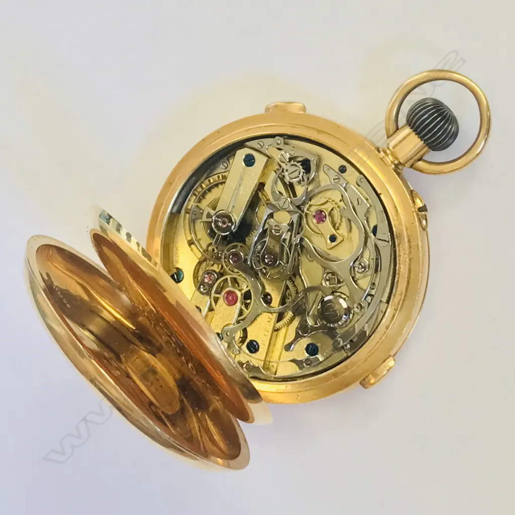 18ct gold hunter cased split seconds chronograph pocket watch, by Baume (Longines) Image 1++