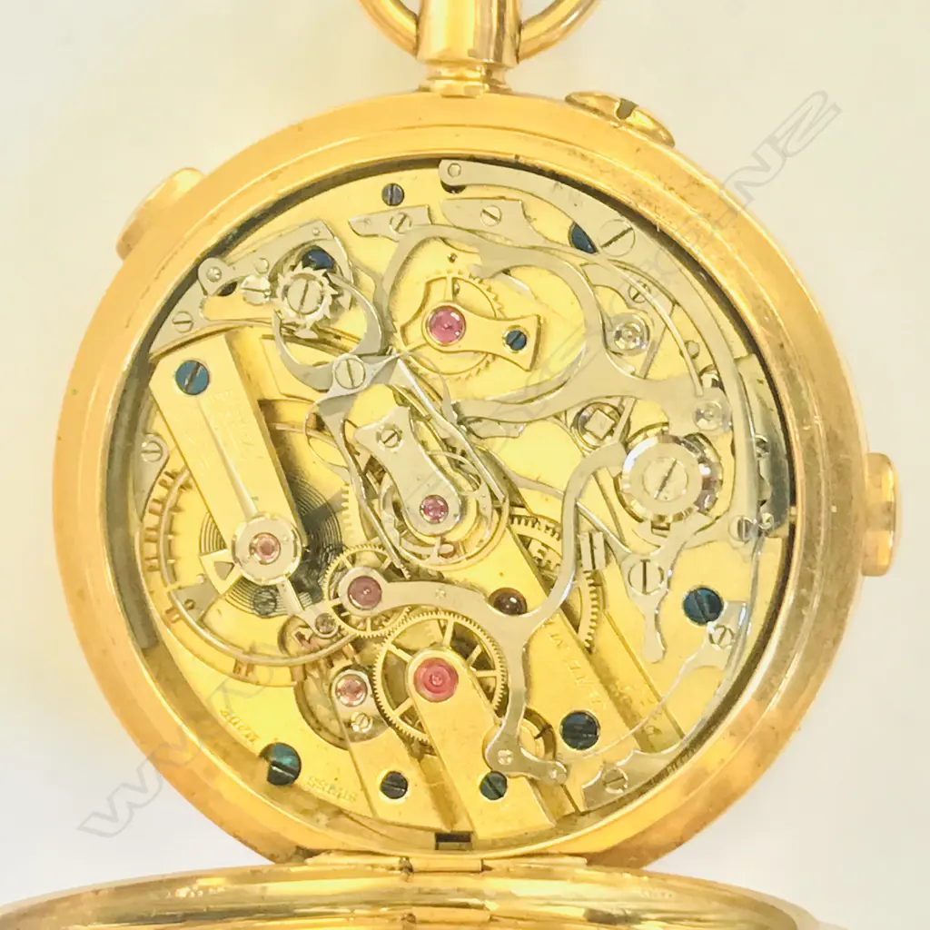 18ct gold hunter cased split seconds chronograph pocket watch, by Baume (Longines) Image 1++