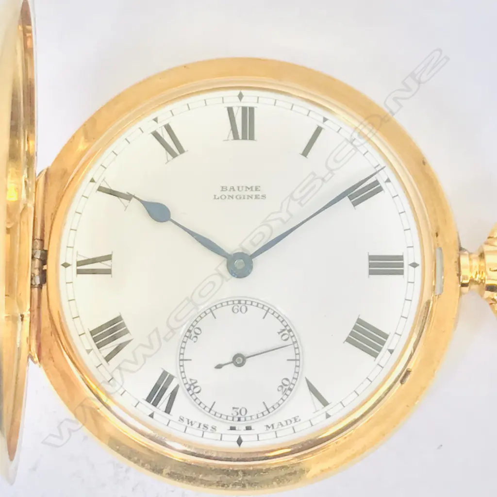 18ct gold hunter cased pocket watch signed 'Baume, Longines', Image 1++