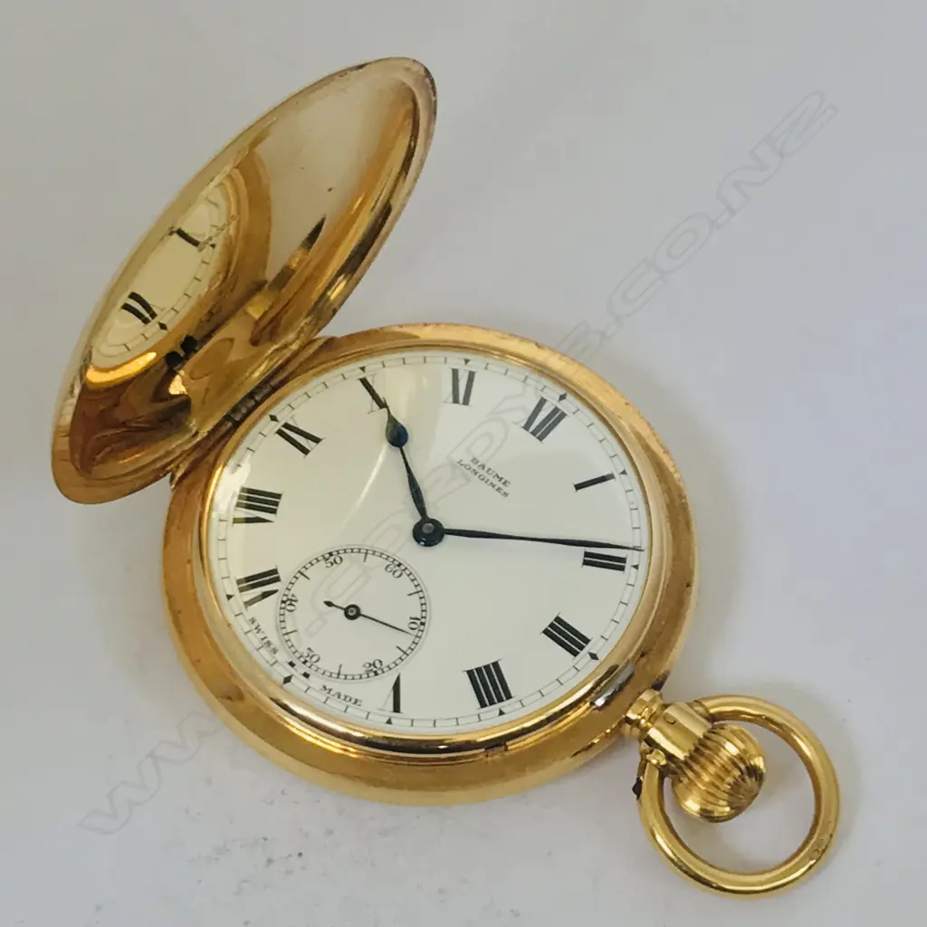 18ct gold hunter cased pocket watch signed 'Baume, Longines', Image 1++