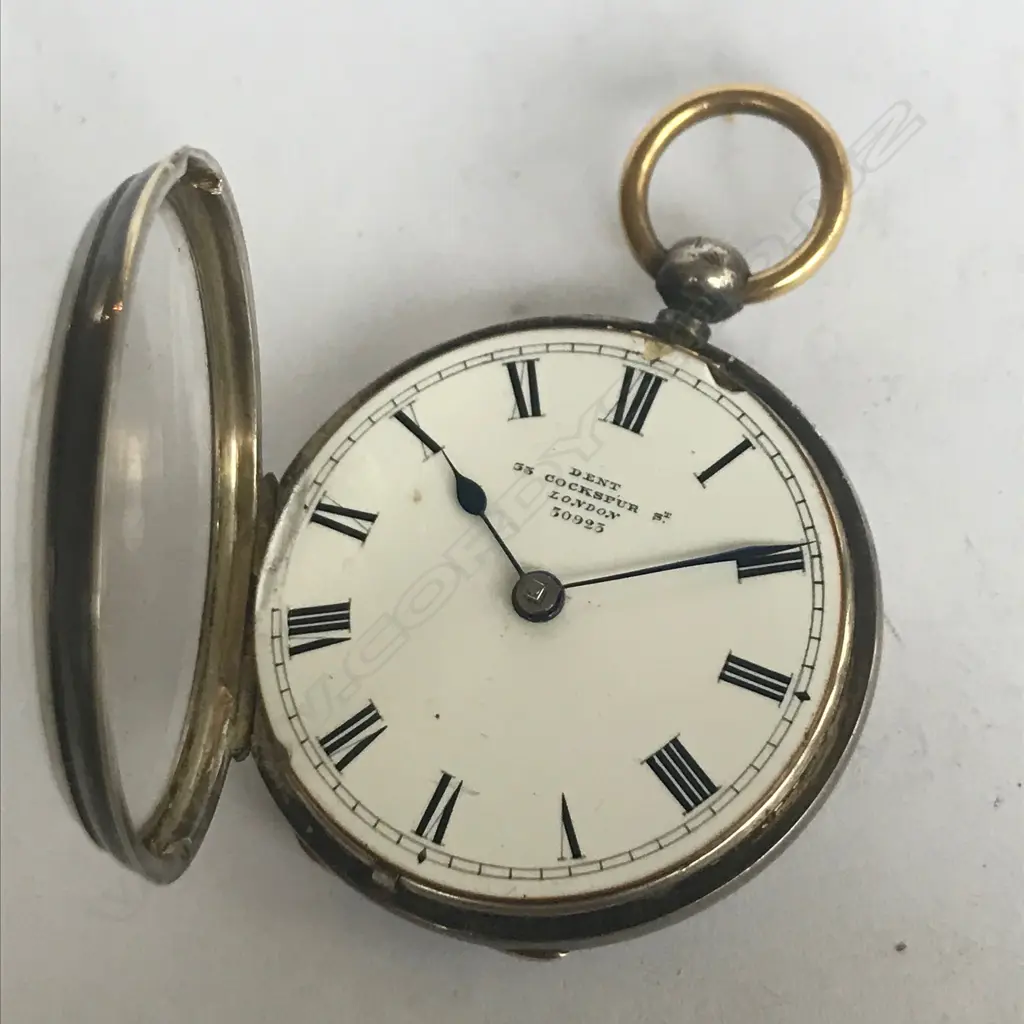 Victorian lady’s silver open face fob watch, by Dent, London, 30923, in original named Morocco box. Image 1++