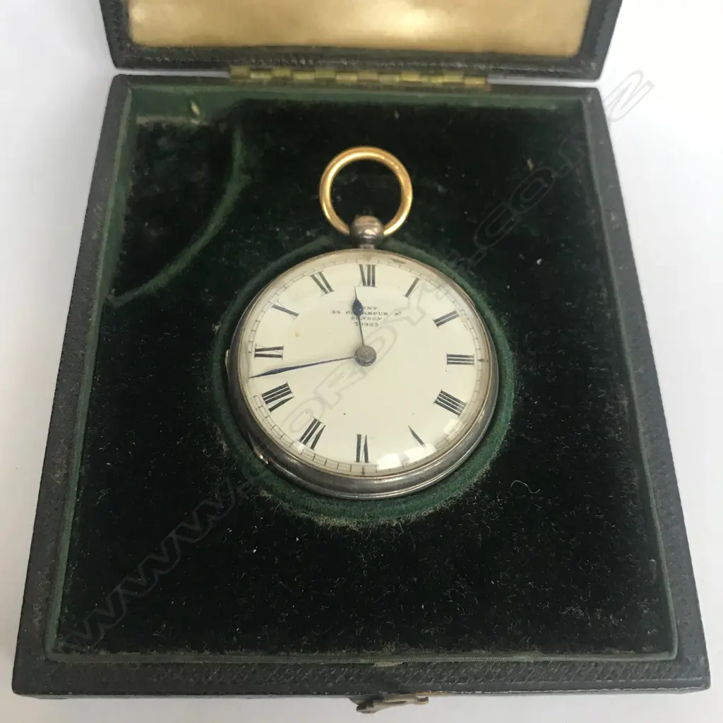 Victorian lady’s silver open face fob watch, by Dent, London, 30923, in original named Morocco box. Image 1++
