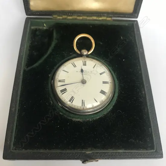 Victorian lady’s silver open face fob watch, by Dent, London, 30923, in original named Morocco box.
