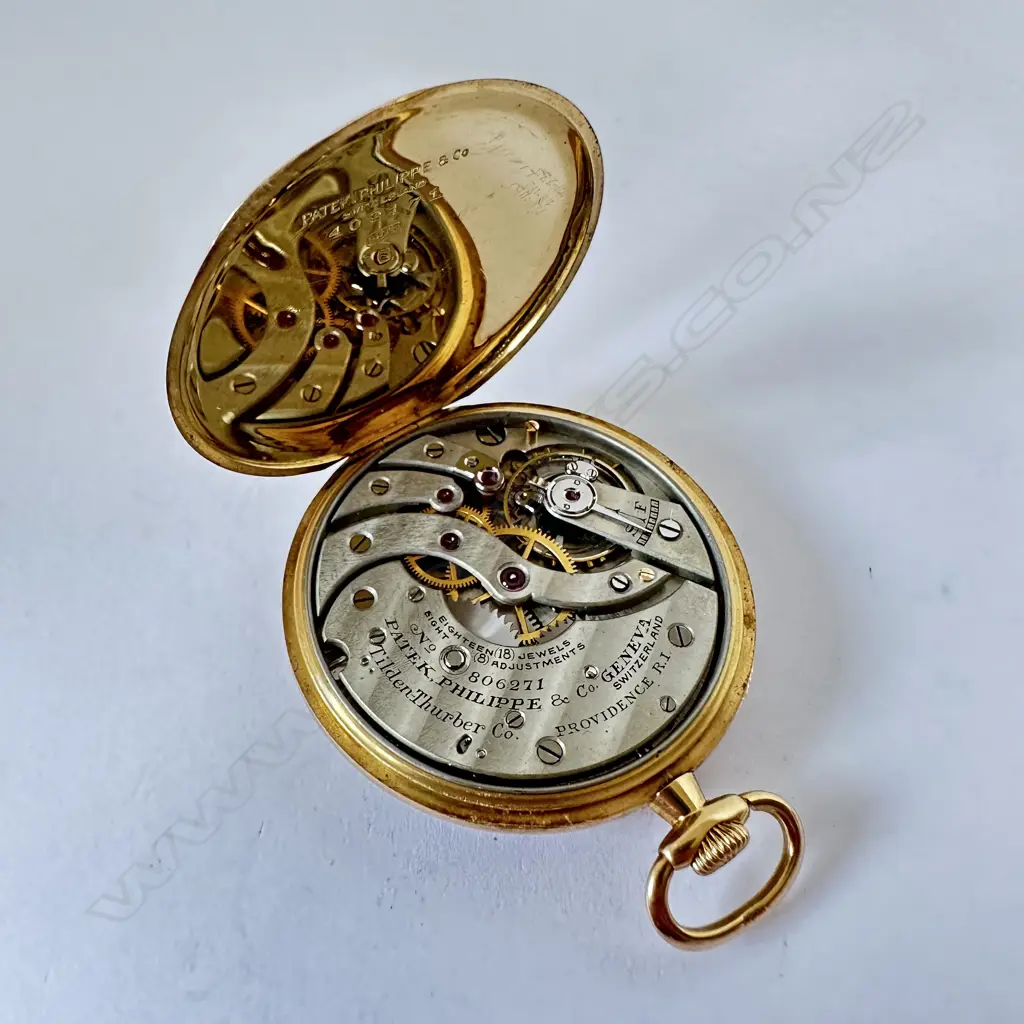 18ct gold, slim open face cased, dress pocket watch by Patek, Philippe & Co., number 806271, Image 1++