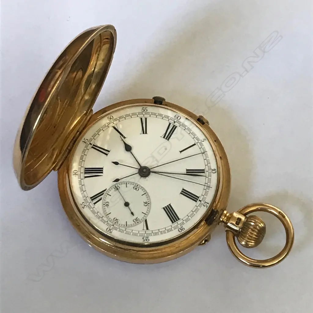 18ct gold hunter pocket watch - Swiss split seconds chronograph Image 1++