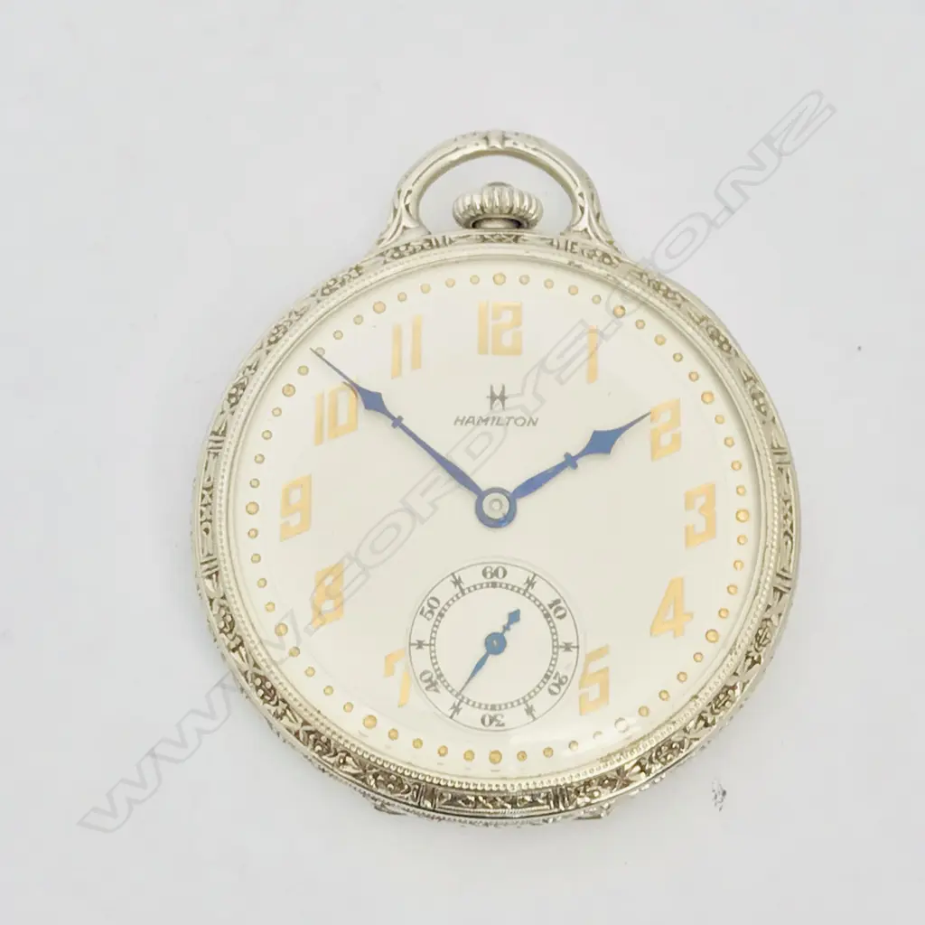 14ct white gold open face slim dress-style pocket watch, by Hamilton Watch Co, USA, c.1930, Image 1++