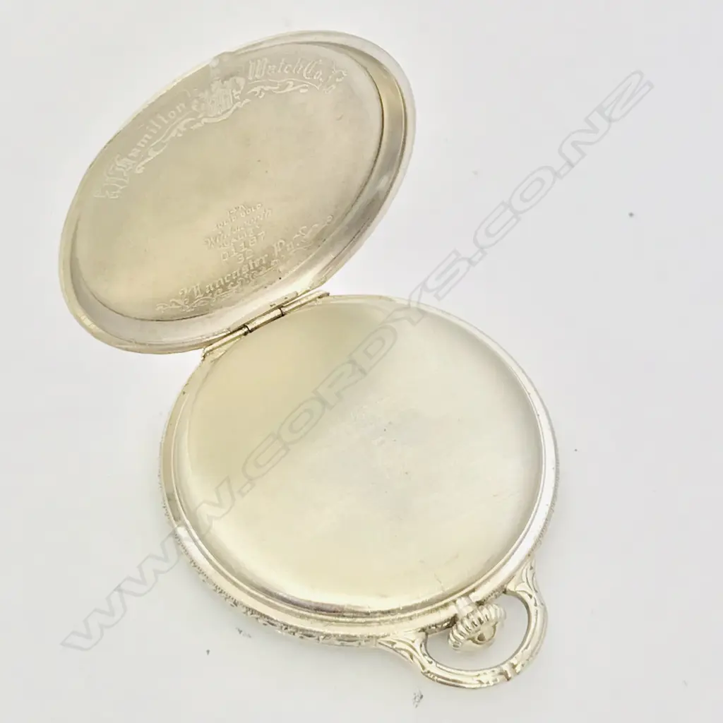 14ct white gold open face slim dress-style pocket watch, by Hamilton Watch Co, USA, c.1930, Image 1++