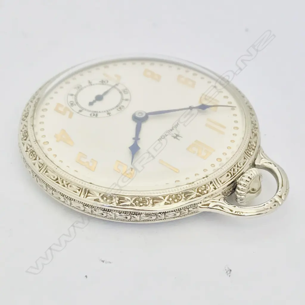 14ct white gold open face slim dress-style pocket watch, by Hamilton Watch Co, USA, c.1930, Image 1++